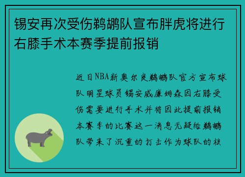 锡安再次受伤鹈鹕队宣布胖虎将进行右膝手术本赛季提前报销